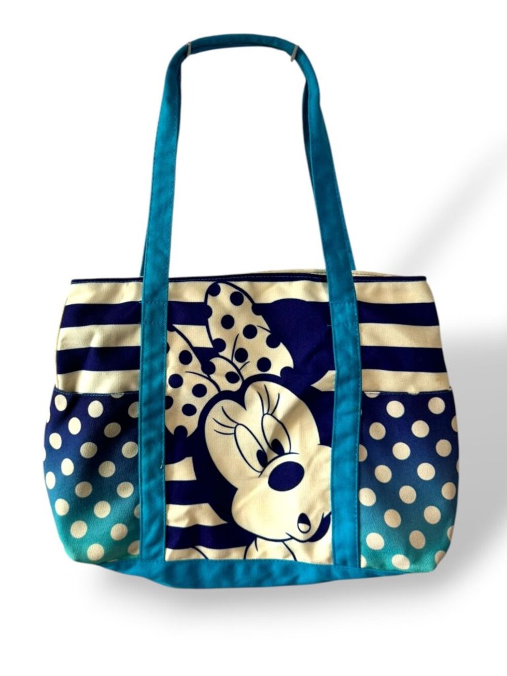 Disney Minnie Mouse Tote Bag Canvas Polka Dot & Striped Print Blue/White
